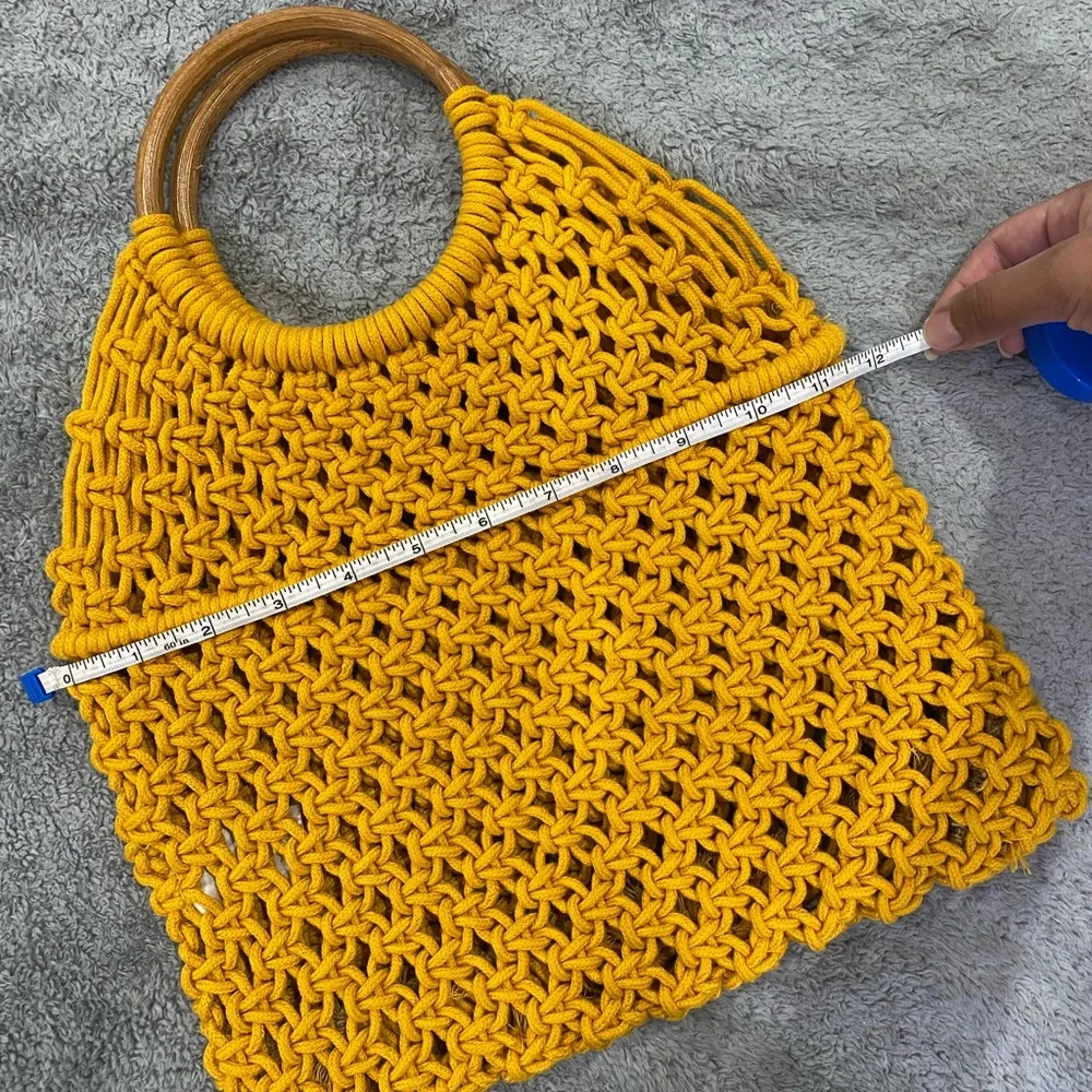 Yellow Woven Handbag with Wooden Handles - Picture 4 of 7